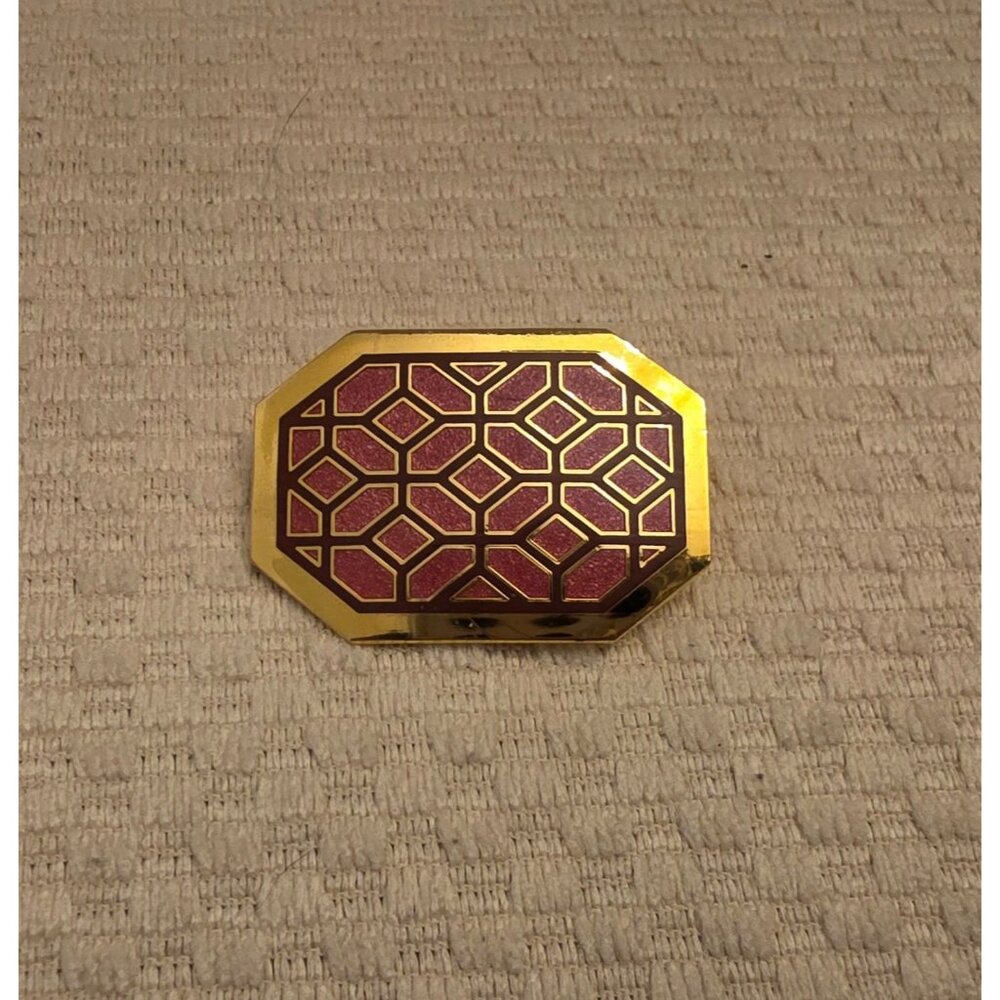 Vintage Isle Of Skye Geometric Gold-Tone Brooch Pin Cloisonne Red Enamel Design